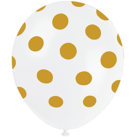 White with Gold Dot Printed Latex Balloons, 12 inch, 6 count