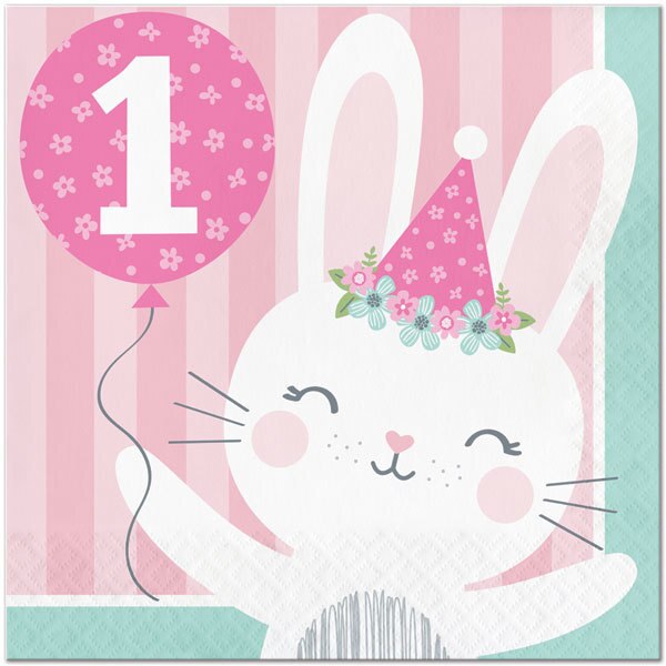 Little Bunny 1st Birthday Lunch Napkins, 6.5 inch fold, set of 16