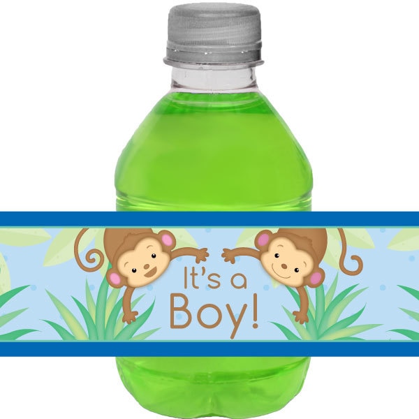 Birthday Direct's Little Monkey Baby Shower Blue Water Bottle Labels