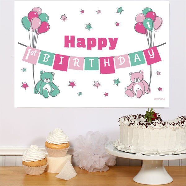 Doodle Bear 1st Birthday Pink Sign, 8.5x11 Printable PDF Digital Download by Birthday Direct
