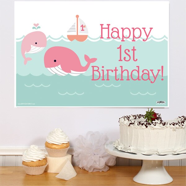 Little Whale Pink 1st Birthday Sign, 8.5x11 Printable PDF Digital Download by Birthday Direct