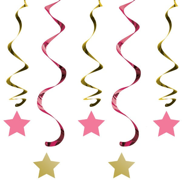 Pink and Gold Star Dangling Swirl Cutouts, 30 inch, 5 piece