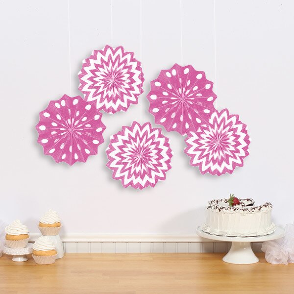 Pink Printed Paper Fans, 8 inch, 5 count