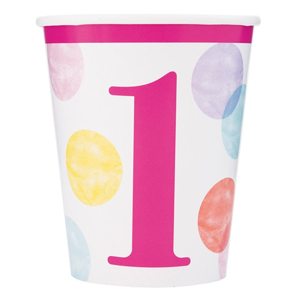 Pink Dots 1st Birthday Cups, 9 oz, 8 ct