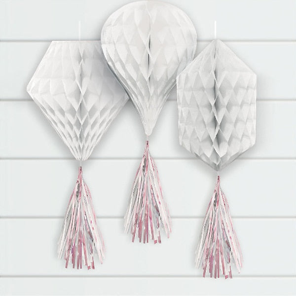 White Tissue Decorations with Iridescent Tassels, 12 inch, 3 count