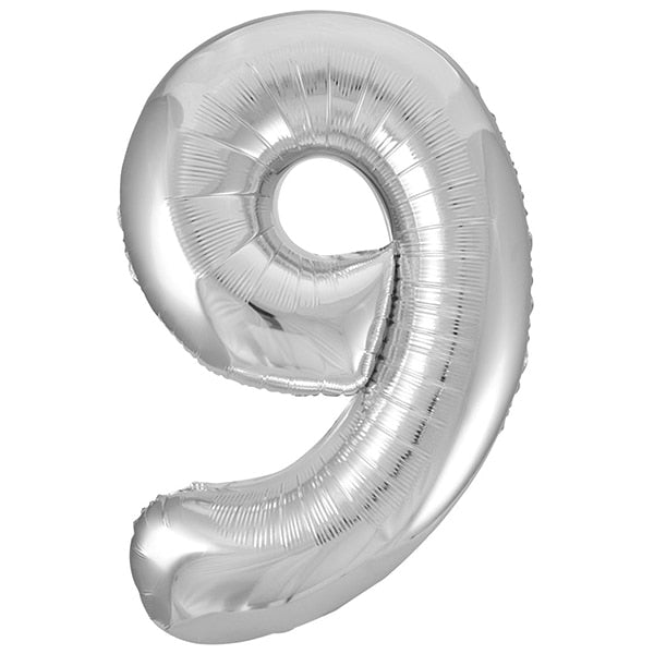 Silver Number 9 Foil Balloon, 34 inch, each