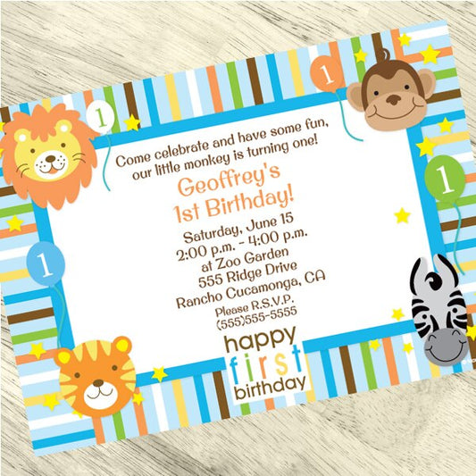 Birthday Direct's Zoo Stripes 1st Birthday Custom Invitations