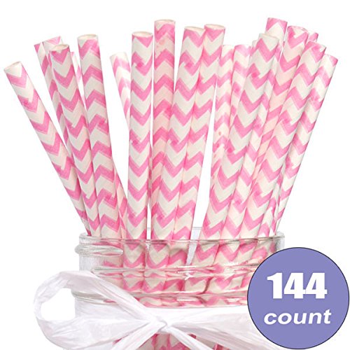 Straws, Eco-Friendly Bulk Bubblegum Pink Chevron Paper Straws, 7.75 inch, set of 144