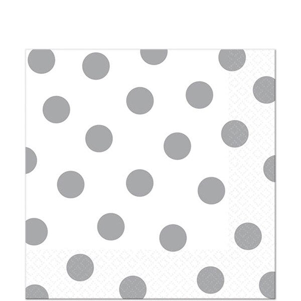 White and Silver Polka Dot Beverage Napkins, 5 inch fold, set of 16