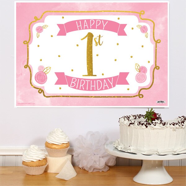 Pink and Gold 1st Birthday Sign, 8.5x11 Printable PDF Digital Download by Birthday Direct