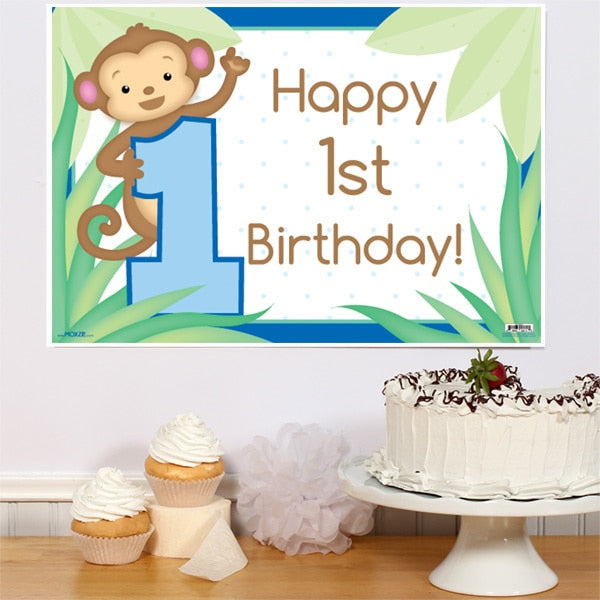 Little Monkey Blue 1st Birthday Sign, 8.5x11 Printable PDF Digital Download by Birthday Direct