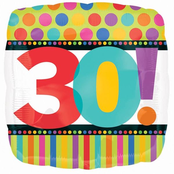 30th Dots and Stripes Square Foil Balloon, 18 inch, each