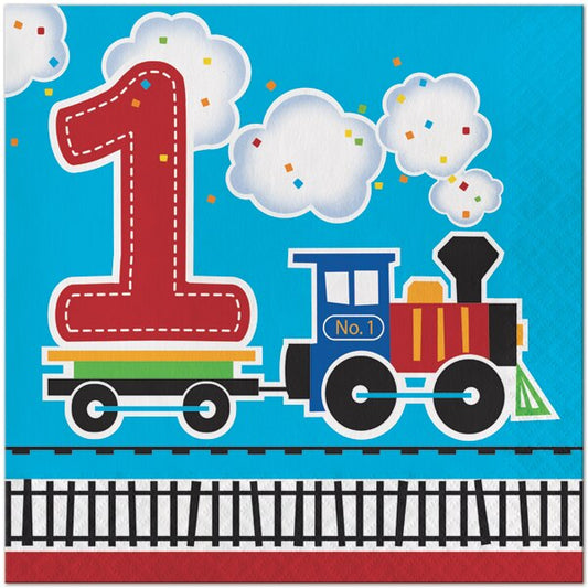 Little Train and Plane 1st Birthday Lunch Napkins, 6.5 inch fold, set of 16
