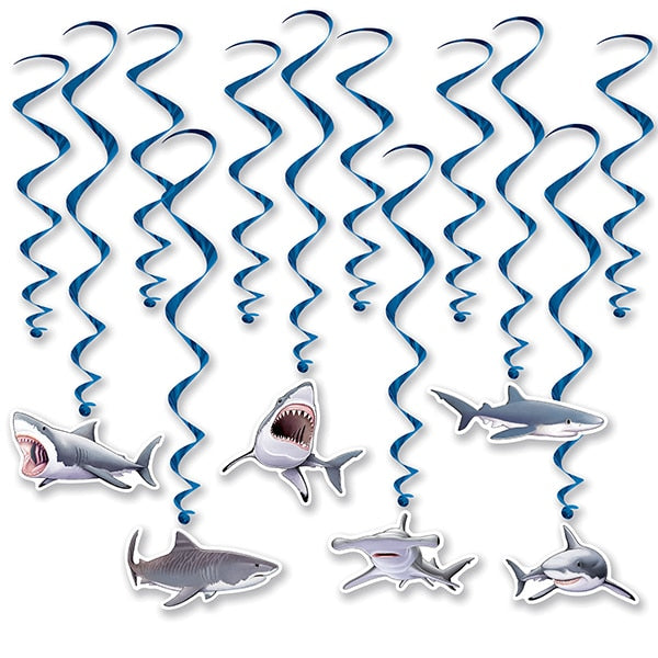 Shark Party Dangling Swirl Decorations, 31 inch, set of 12