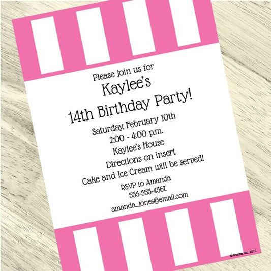 Birthday Direct's Stripe Pink and White Party Custom Invitations