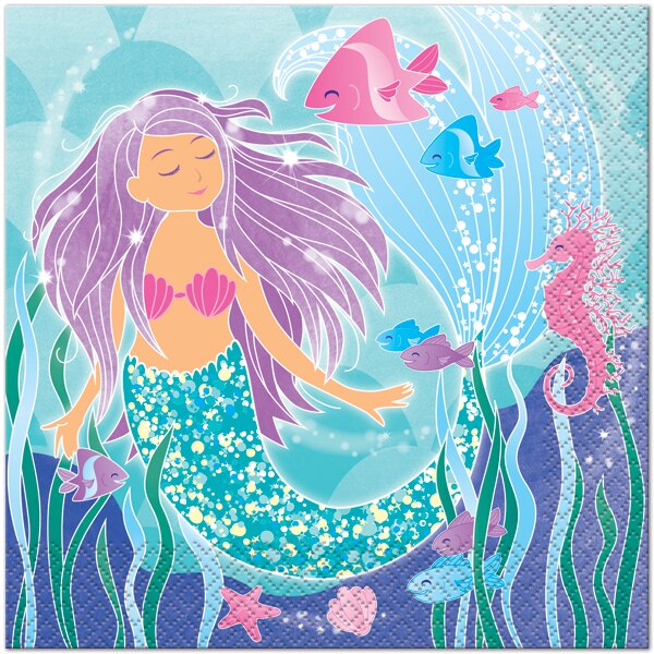 Mermaid Sparkle Lunch Napkins, 6.5 inch fold, set of 16
