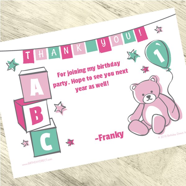 Birthday Direct's Doodle 1st Birthday Pink Custom Thank You