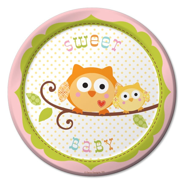 Happi Tree Owl Baby Shower Pink Dessert Plates, 7 inch, 8 count