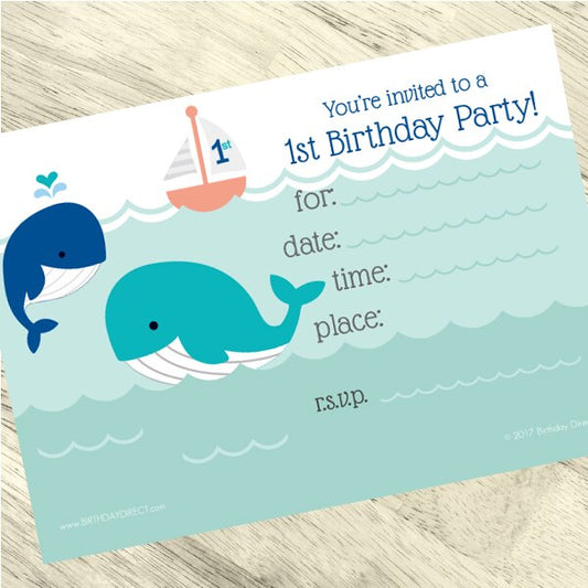 Birthday Direct's Little Whale 1st Birthday Blue Invitations
