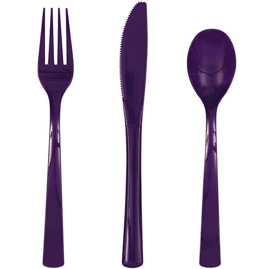 Deep Purple Cutlery for 6 Settings, Reusable Plastic, 6 inch, set of 18