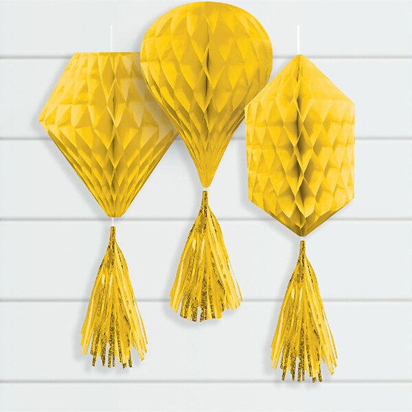 Yellow Tissue Decorations with Tassels, 12 inch, 3 count