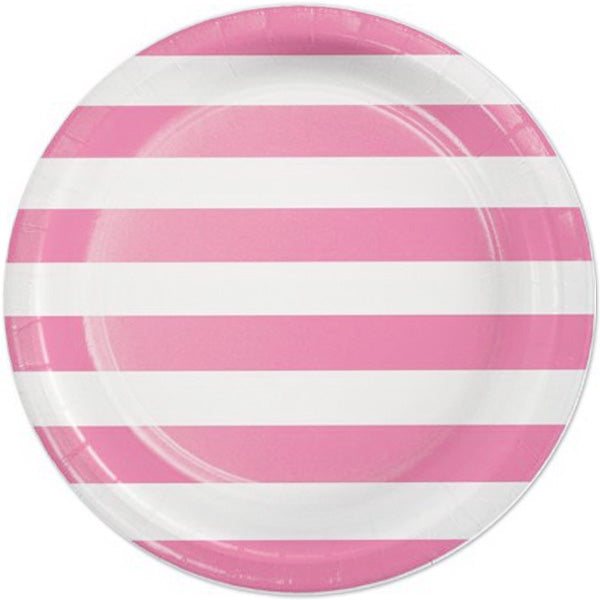 Candy Pink with White Stripe Dinner Plates, 9 inch, 8 count