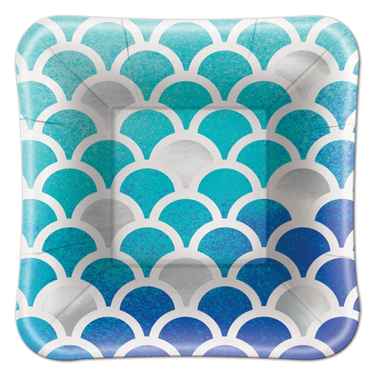 Blue and Silver Scallop Square Appetizer Plates, 5 inch, 8 count
