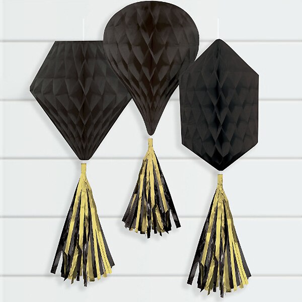 Black Tissue Decorations with Gold Tassels, 12 inch, 3 count