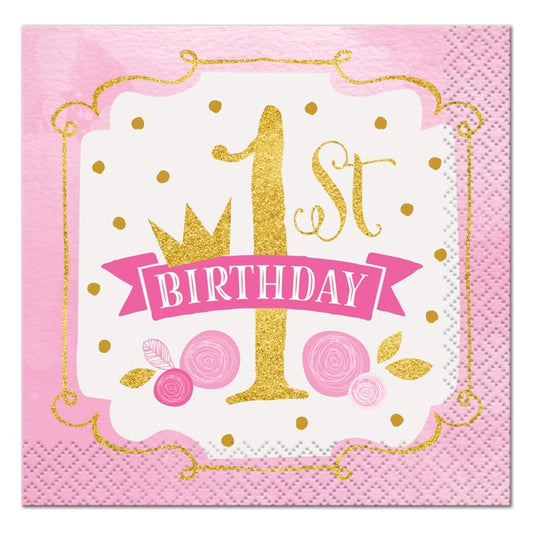 Pink and Gold 1st Birthday Beverage Napkins, 5 inch fold, set of 16